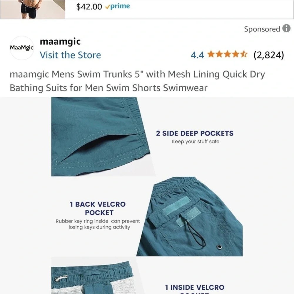 Maamgic Men’s Swim Shirts Swimwear Trunks Mesh Lining Quick Dry Turquoise Sz M